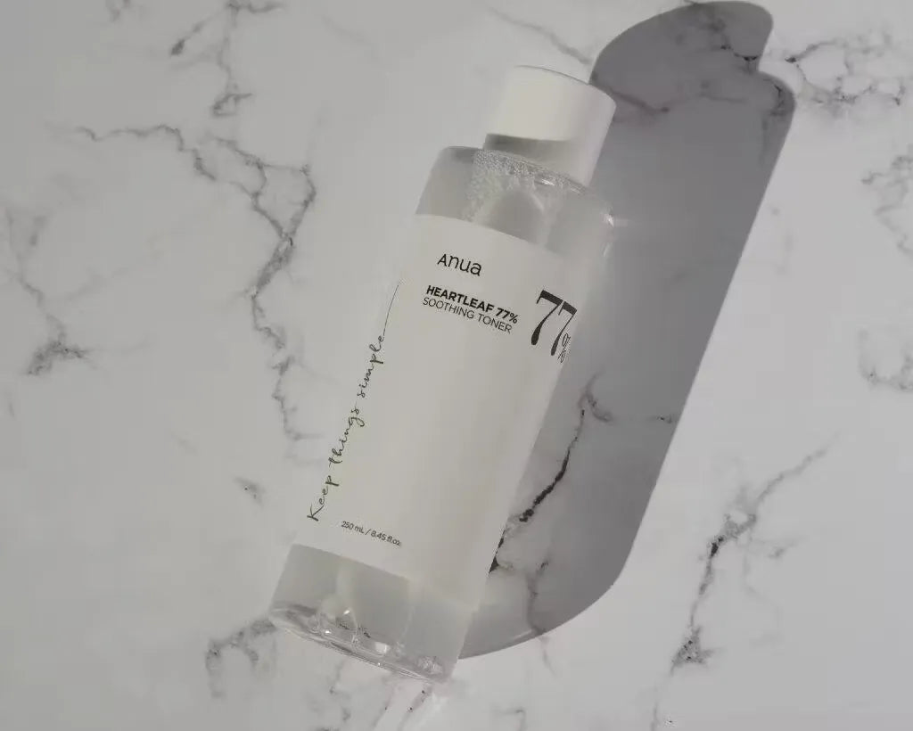 Close-up bottle of Anua Heartleaf 77% Soothing Toner showing label details