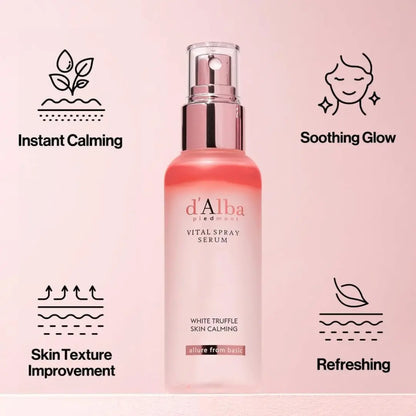 Spraying d’Alba White Truffle Vital Spray Serum for hydration and glow