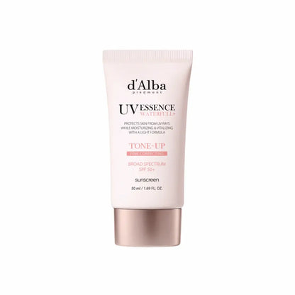 d’Alba White Truffle Waterfull Tone-Up Sunscreen SPF50+ front view showing packaging and soft pink tone. koreanskincare