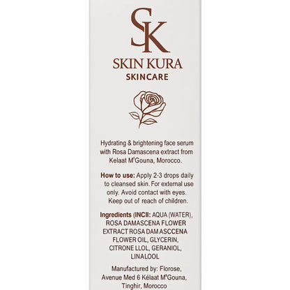 Back label of Skinkura Huile de Rose face serum 60 ml showing INCI and origin — crafted in Kelaat M'Gouna, the Valley of Roses, Ouarzazate, Morocco.
